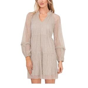 NWT CeCE Split Neck Champagne Metallic Long Sleeve Dress. Size Large.